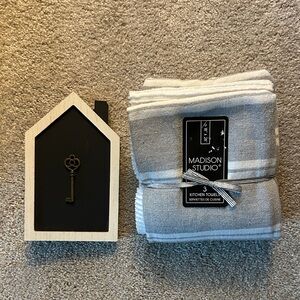 New Home gift: chalkboard house & Madison Studio Striped Gray Kitchen Towels